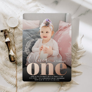 Rose Gold ONE Erstes Geburtstagsparty Foto Folieneinladung
