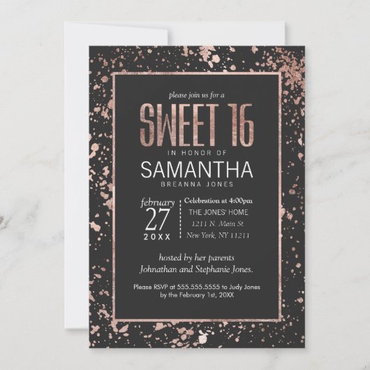 Rose Gold Paint Spritzer Sweet 16 Einladungen (Vorderseite)