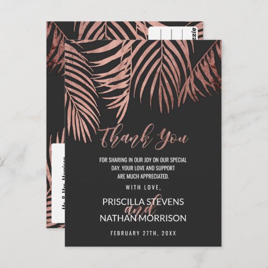 Rose Gold Palm Fronds Black Modern Vielen Dank Postkarte (Vorne/Hinten)