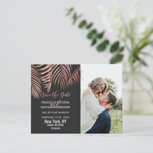 Rose Gold Palm Tree Fronds Black Modern Rett Date Postkarte (Stehend Vorderseite)