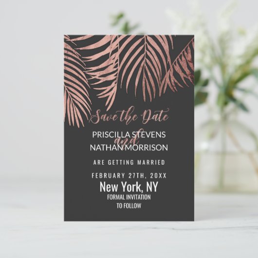 Rose Gold Palm Tree Fronds Black Modern Save The Date (Stehend Vorderseite)