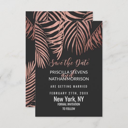 Rose Gold Palm Tree Fronds Black Modern Save The Date (Vorne/Hinten)