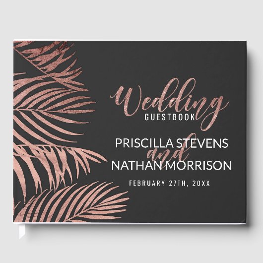Rose Gold Palm Tree Fronds Black Modern Wedding Gästebuch (Vorderseite)