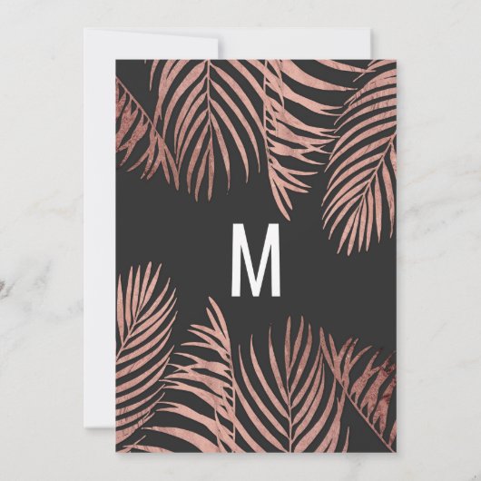Rose Gold Palm Tree Fronds Schwarz Moderne Verlobu Einladung (Rückseite)