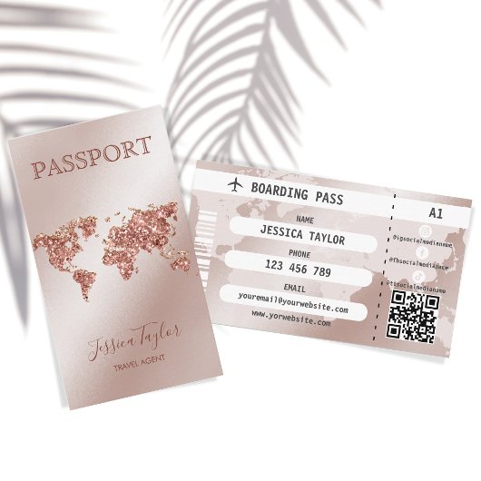Rose Gold Passport World Map Boarding Pass Visitenkarte
