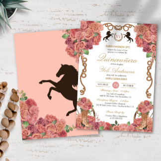 Rose Gold Peach Floral Charro Ranch Quinceañera Einladung
