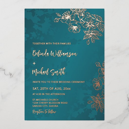 Rose Gold Peacock Green Floral Wedding Folieneinladung (Vorderseite)