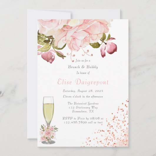 Rose Gold Peony Blume Glitzer Brunch & Bubbly Einladung (Vorderseite)