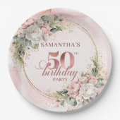 Rose Gold Peony Greenery 50th Birthday Paper Plate Pappteller (Vorderseite)