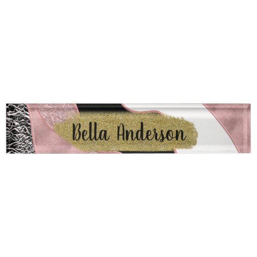 Rose Gold Pink Abstrakt Wave Moderner Glam Trendy Namensplakette (Vorderseite)