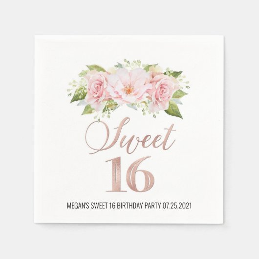 Rose Gold Pink Aquarell Blumensüß 16 Geburtstag Serviette (Vorderseite)
