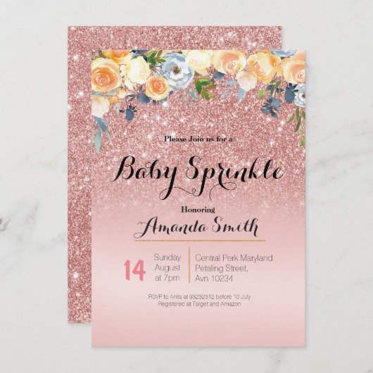 Rose Gold Pink Baby Sprinkle Einladung Blau (Vorne/Hinten)