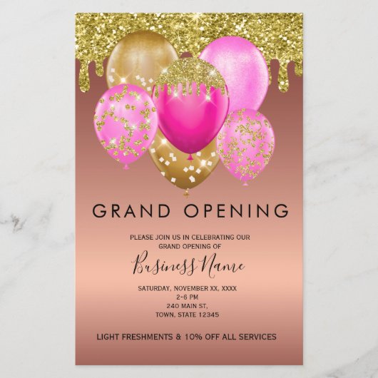 Rose Gold Pink Balloons Grand Opening Flyer (Vorne)