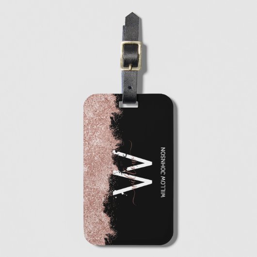 Rose Gold Pink Black Girl Glitzer Dust Monogram Gepäckanhänger (Vorderseite Vertikal)