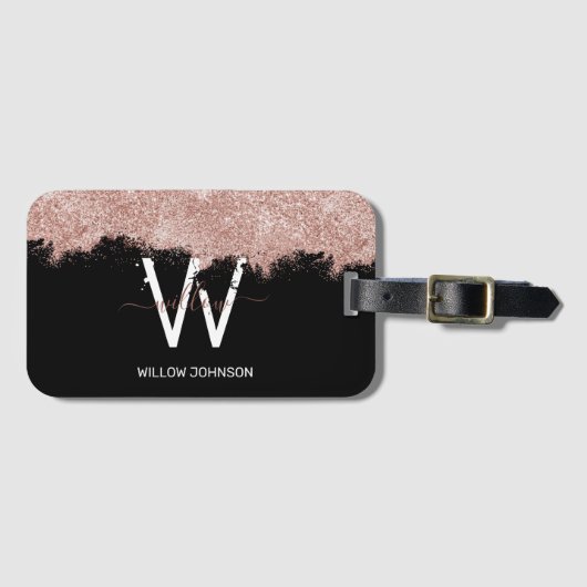 Rose Gold Pink Black Girl Glitzer Dust Monogram Gepäckanhänger (Vorderseite (Horizontal))