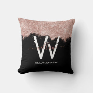 Rose Gold Pink Black Girl Glitzer Dust Monogram Kissen