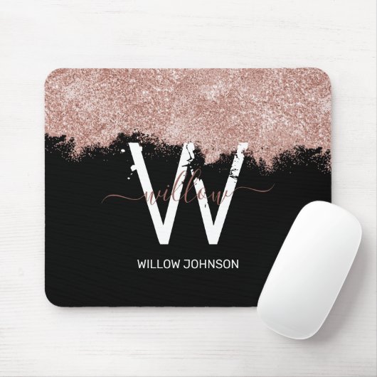 Rose Gold Pink Black Girl Glitzer Dust Monogram Mousepad (Mit Mouse)