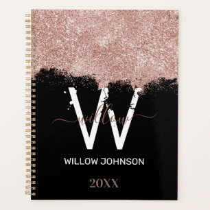 Rose Gold Pink Black Girl Glitzer Dust Monogram Planer