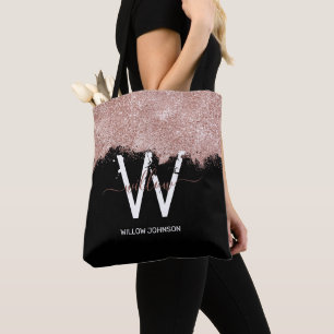 Rose Gold Pink Black Girl Glitzer Dust Monogram Tasche