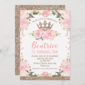 Rose Gold Pink Bläserdruckkronen 1. Geburtstag Einladung (Vorne/Hinten)