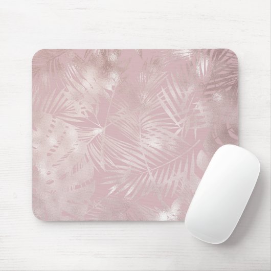 Rose Gold Pink Botanische tropische Palmen Blätter Mousepad (Mit Mouse)