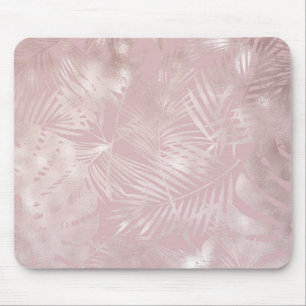 Rose Gold Pink Botanische tropische Palmen Blätter Mousepad