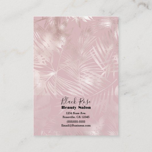 Rose Gold Pink Botanische tropische Palmen Blätter Visitenkarte (Rückseite)