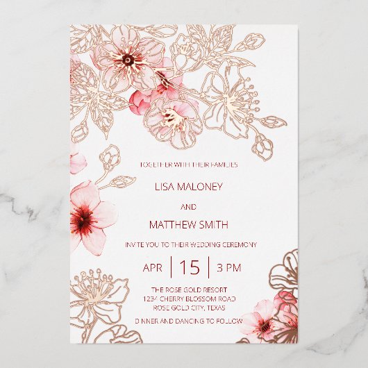 Rose Gold Pink Cherry Blossom Hochzeit Folieneinladung (Vorderseite)