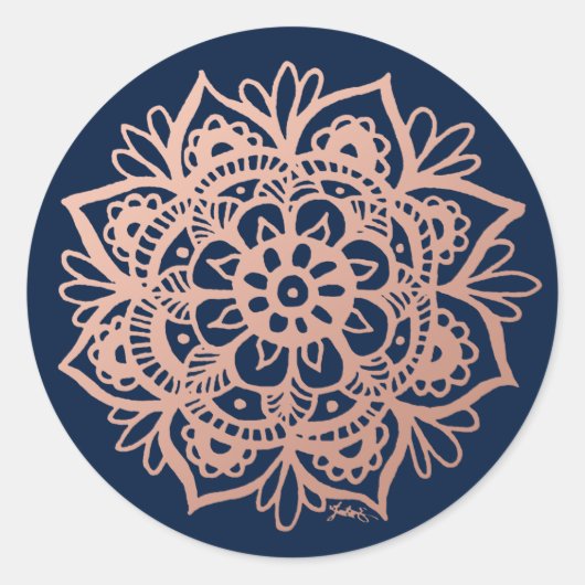 Rose Gold Pink Dark Blue Mandala Blume Runder Aufkleber (Vorderseite)