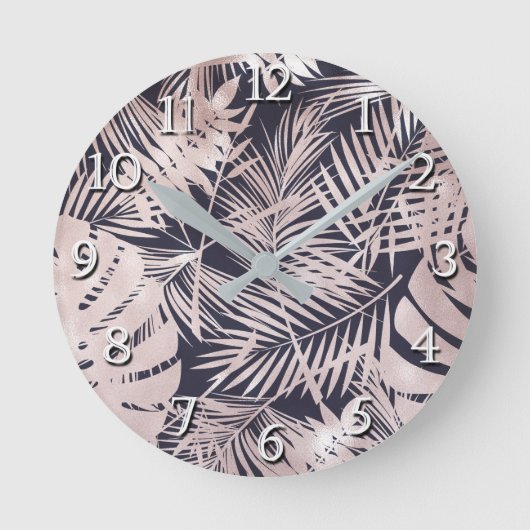 Rose Gold Pink Dark Tropical Palm Tree Leaves Runde Wanduhr (Vorderseite)