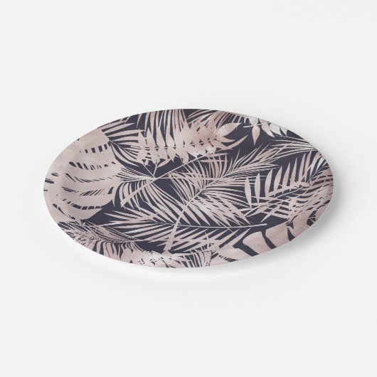 Rose Gold Pink Dunkelrosa Tropenpalmenbaum Blätter Pappteller (Schrägansicht)