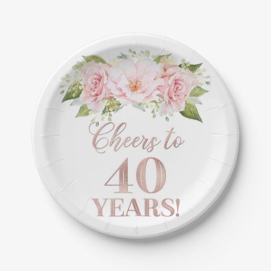 Rose Gold Pink Floral Cheers bis 40 Jahre Geburtst Pappteller (Vorderseite)