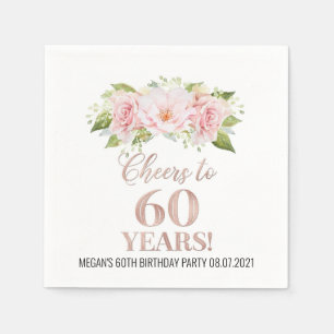 Rose Gold Pink Floral Cheers bis 60 Jahre Geburtst Serviette
