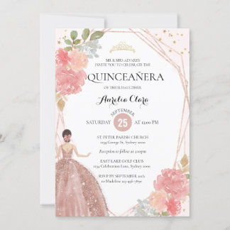 Rose Gold Pink Floral Geometrisches Foto Quinceañe Einladung