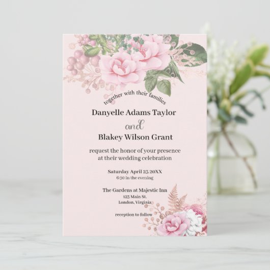 Rose Gold Pink Floral Moderne Schriftart Foto Hoch Einladung (Stehend Vorderseite)