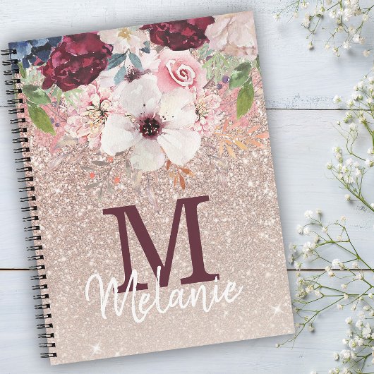 Rose Gold Pink Floral Monogram Glitzer Notebook Notizblock
