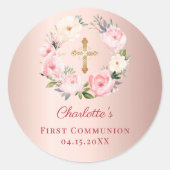 Rose gold pink floral wreath First Communion Runder Aufkleber (Vorderseite)