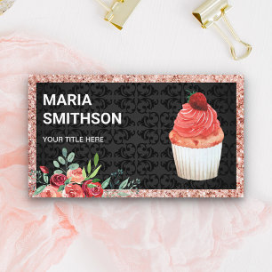 Rose Gold Pink Florale Erdbeer Cupcake Bäckerei Visitenkarte