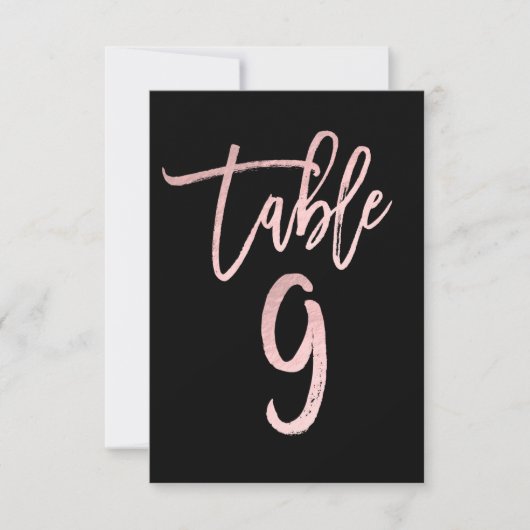 Rose Gold Pink Foil Moderne Script Tischnummer 9 (Vorderseite)