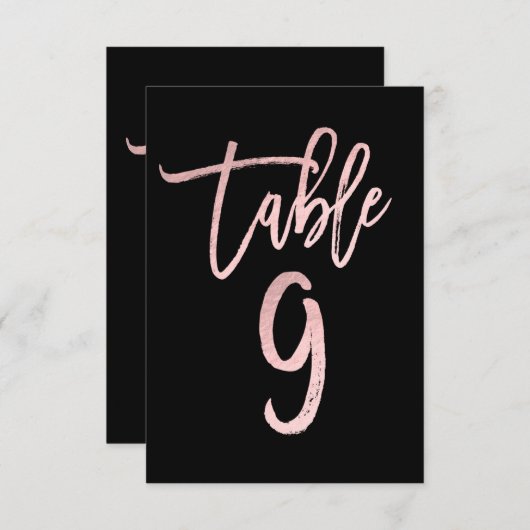 Rose Gold Pink Foil Moderne Script Tischnummer 9 (Vorne/Hinten)