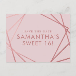 Rose Gold Pink Geometric Sweet 16 Save the Date Ankündigungspostkarte