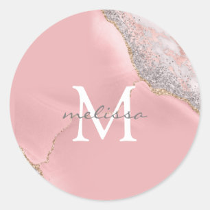 Rose Gold Pink Girly Monogram Name Marble Glitzer  Runder Aufkleber