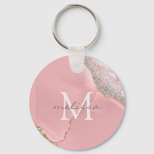 Rose Gold Pink Girly Monogram Name Marble Glitzer Schlüsselanhänger
