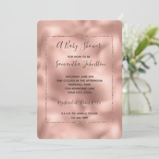 Rose Gold Pink Glam Glitz Kinderdusche Einladung (Stehend Vorderseite)