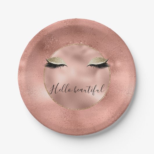Rose Gold Pink Glam Glitzy Black Eyelashes Pappteller (Vorderseite)