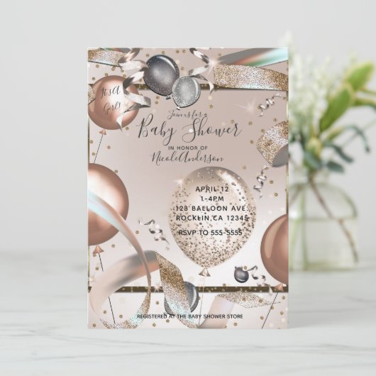 Rose Gold Pink Glitzer Balloons Baby Dusche Foto Einladung (Stehend Vorderseite)