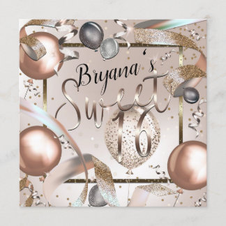 Rose Gold Pink & Glitzer Balloons Sweet 16 Party Einladung