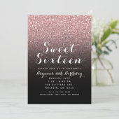 Rose Gold Pink Glitzer & Black Sweet 16 Party Einladung (Stehend Vorderseite)