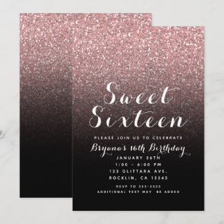 Rose Gold Pink Glitzer & Black Sweet 16 Party Einladung
