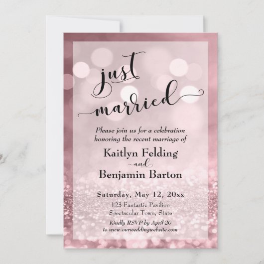 Rose Gold Pink Glitzer Bokeh Wir Got Verheiratet Einladung (Vorderseite)